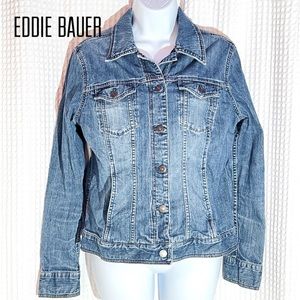 Eddie Bauer women Dark blue acid wash jean jacket long sleeve button front Sz M